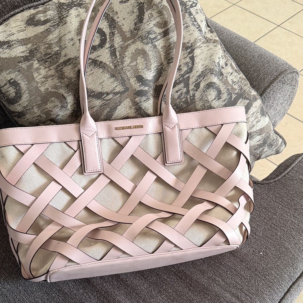 Michael Kors Blush Pink Woven Leather & Canvas Tote